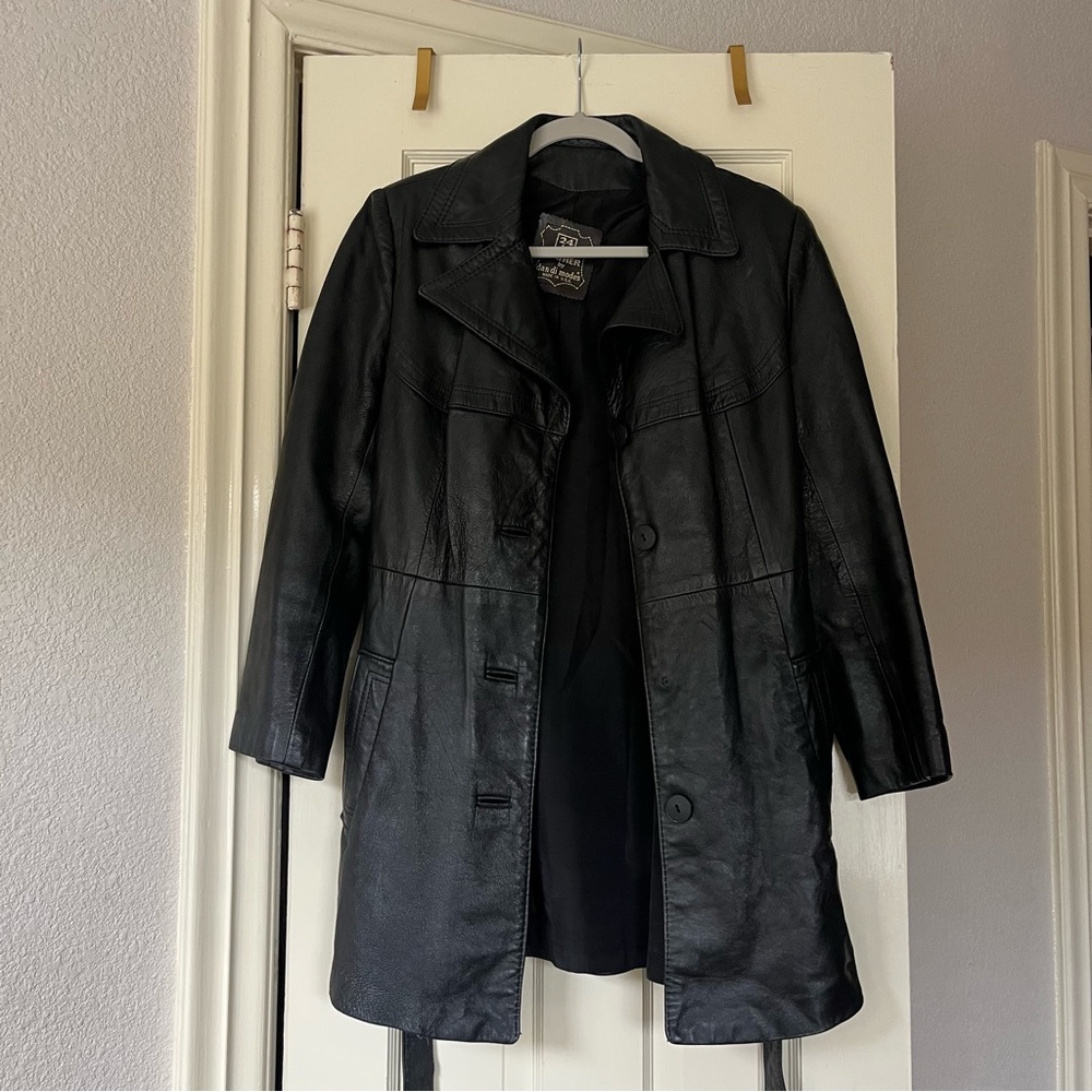 Vintage Black Leather Trench Coat